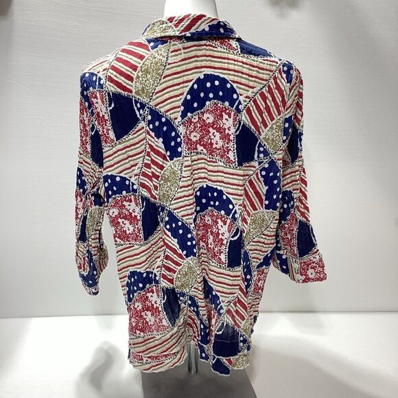 CJ Banks Colorful Patterned Blouse Crinkled Button Front Collar 1X Mid Sleeve - Picture 3 of 14